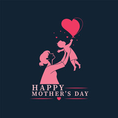 Mother and Baby Love Silhouette Art Vector illustration with Mother's Day Special Glowing Pink Heart