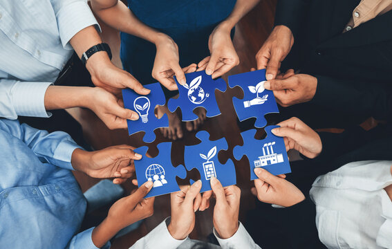 This image captures diverse hands coming together to connect puzzle pieces symbolizing collaborative efforts in sustainability, innovation, and environmental responsibility. Amity