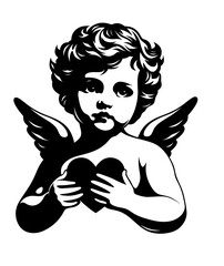 Little angel boy holding a heart black and white illustration. Cupid. Symbol of love, romance and tenderness. Suitable for cards, valentines and thematic projects on love theme.