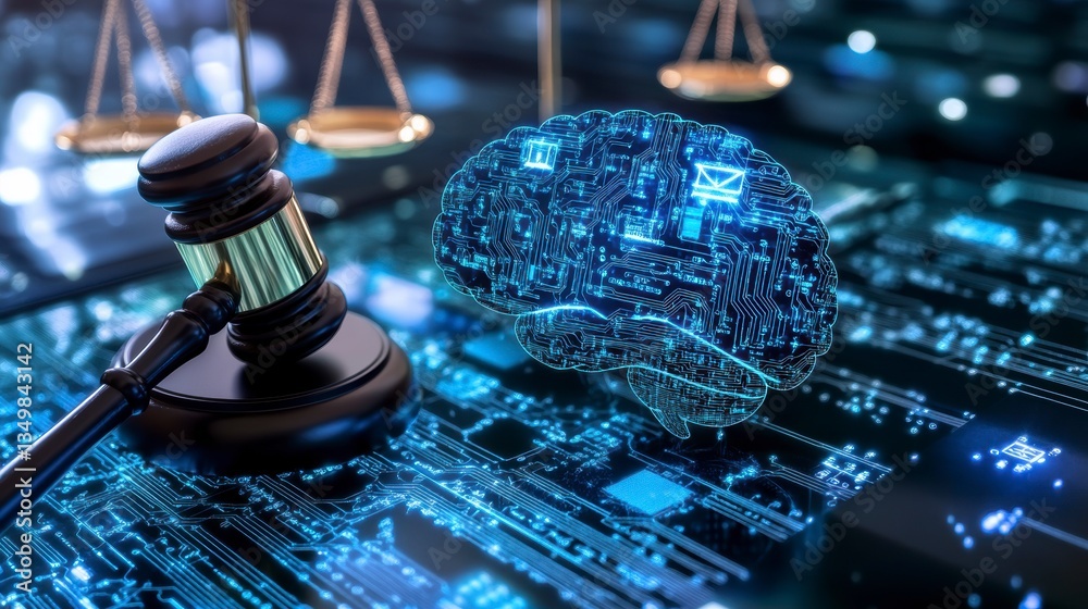 Poster gavel and digital brain on circuit board; ai and law concept.