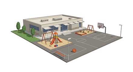 Illustration of School Building with Playground and Basketball Court