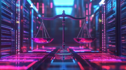 Scales of justice in futuristic digital server room.
