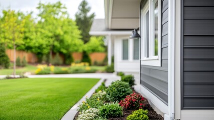 Fototapeta premium Beautiful Modern Home Exterior with Lush Landscaping, Vibrant Flowers, and Neatly Manicured Lawn