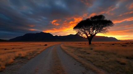 Obraz premium Sunset over a rural road. Vast, golden plains, dramatic clouds, a lone tree silhouettes against vibrant colors