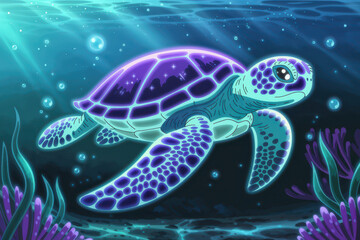 Colorful Cartoon Sea Turtle Swimming Gracefully Through Vibrant Underwater Scene