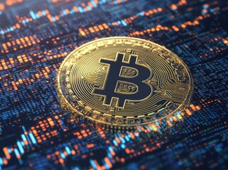 Golden Bitcoin on digital circuit board background