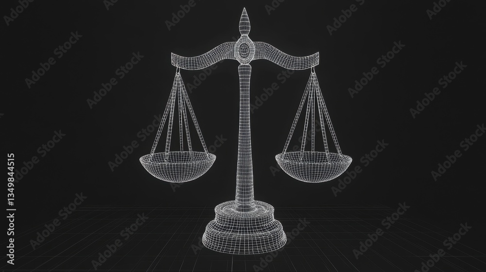 Poster wireframe model of scales of justice on dark background.