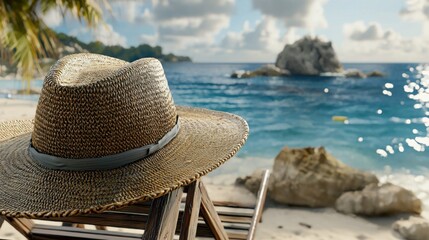 Relaxing beach scene with a straw hat on a wooden chair under the warm sun
