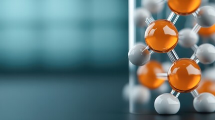 Close-up of abstract molecular structure featuring orange and white spheres, ideal for scientific, educational, or technological themes in presentations, articles, or marketing materials,