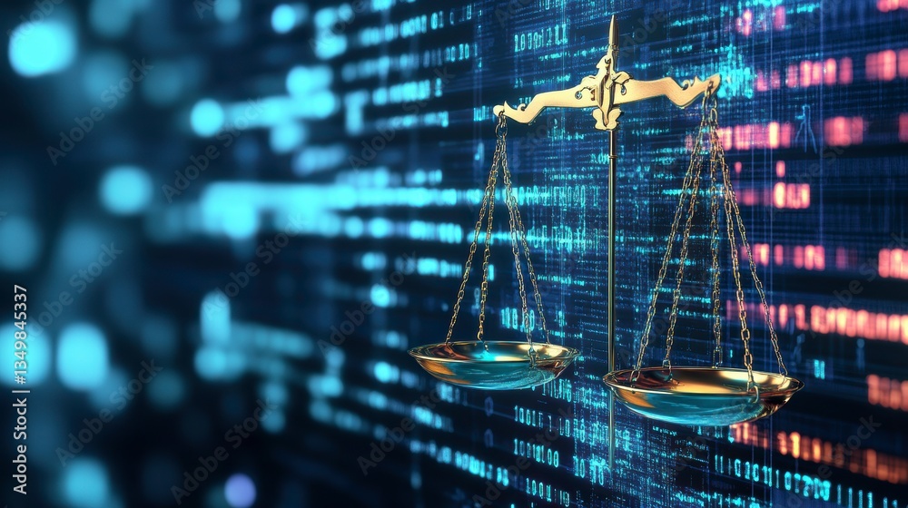 Aufkleber golden scales of justice against a digital code background, symbolizing cybersecurity law and data p
