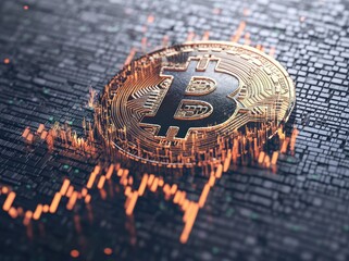 Bitcoin digital currency, centered on a circuit board, overlaid with stock market graph, for finance article