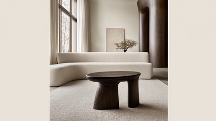 A cozy interior showcases a minimalist design with a soft, beige curved sofa and a round wooden coffee table, complemented by natural light filtering through large windows
