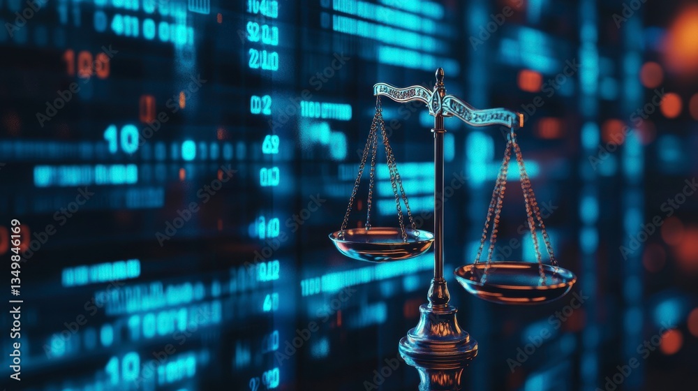 Poster justice scales in front of a digital data screen.