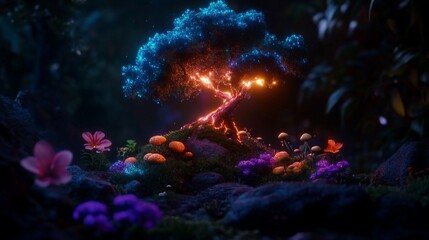 Obraz premium Enchanted luminous tree with mystical plants in a magical fantasy forest