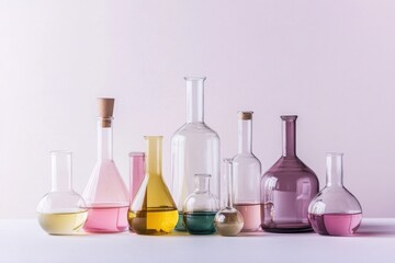 Colorful glass beakers and flasks arranged on a clean white backdrop create a minimalist laboratory aesthetic