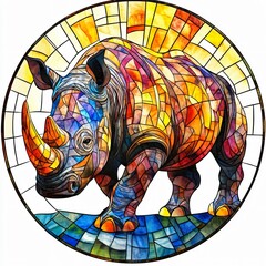 Vibrant stained glass rhino artwork art gallery digital art colorful environment close-up view wildlife conservation concept