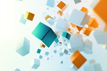 Abstract 3D rendering of colorful cubes floating in space.