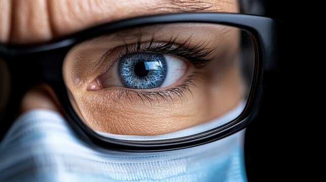 Close-up of a person's eye wearing glasses and a facial mask, showcasing intense focus and health precautions, Ideal for healthcare themes, personal safety, and eye care campaigns,