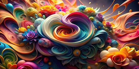 Abstract Colorful Swirling Flower Art: Vibrant Floral Whirl Design, Psychedelic Bloom Painting