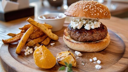 Greek-style burger with feta and oregano fries on a rustic wooden plate