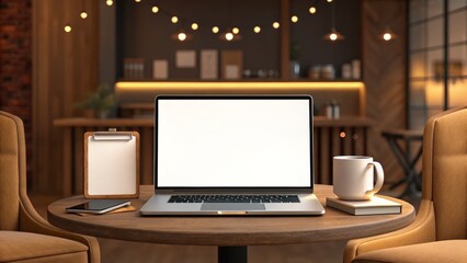A cozy workspace featuring a laptop, coffee mug, clipboard, and books, illuminated by warm lights, creating an inviting atmosphere.