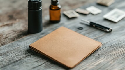 A stylish leather notebook is displayed on a rustic wooden table alongside black and amber bottles, a pen, and vintage photographs, This image is ideal for branding, stationery