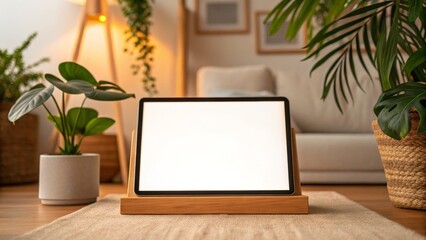 Fototapeta premium A serene living space featuring a blank tablet on a wooden stand, surrounded by greenery, creating a calm and inviting atmosphere.