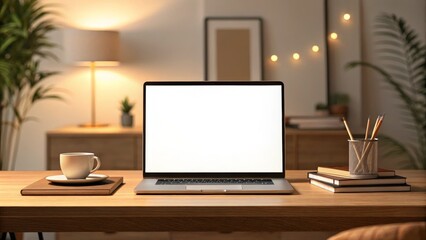 A cozy workspace featuring a laptop, coffee cup, books, and plants, creating a warm and inviting atmosphere for productivity.