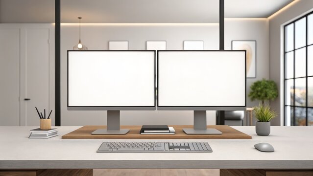 A modern workspace featuring dual monitors, a sleek keyboard, and a potted plant, highlighting a minimalist design and productivity-focused environment.