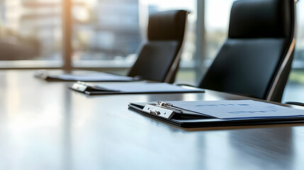 Empty Conference Room Table Setting With Office Furniture and Window View with Documents in a Professional Setting