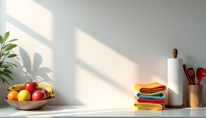 木製ボウルに盛られたフルーツとカラフルなキッチンタオルが映えるミニマルなキッチンインテリア｜自然光と影が美しいナチュラルな暮らしのワンシーン