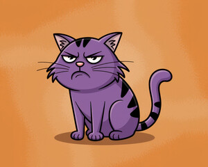 Irritated Purple Cat Character Illustrating an Annoyed Expression Against a Warm Orange Background