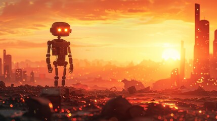 Fototapeta premium Robot at Sunset in a Futuristic City