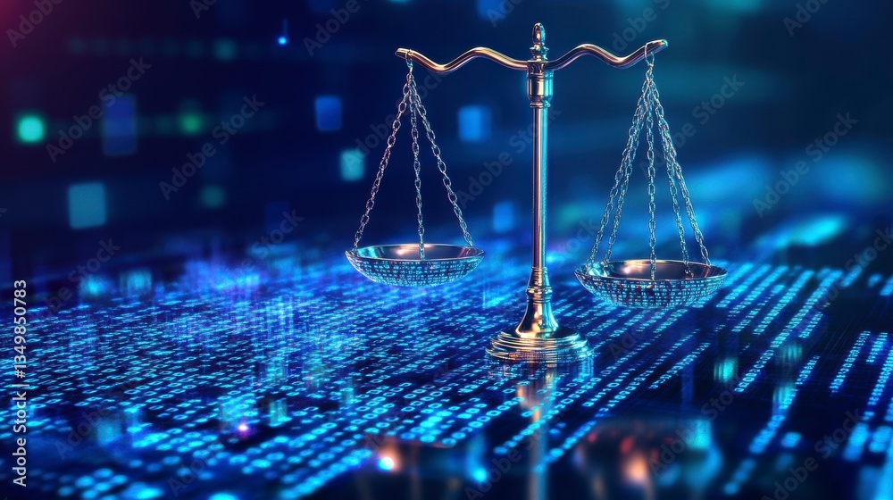 Poster scales of justice on digital background, symbolizing cyber law and data security.