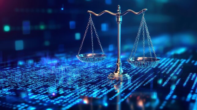 Scales of justice on digital background, symbolizing cyber law and data security.