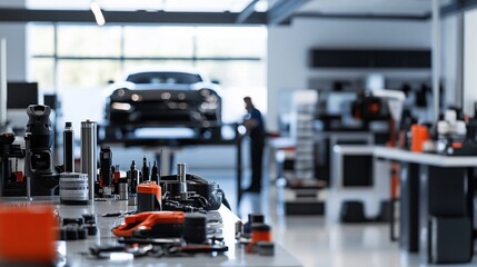 Fototapeta premium Auto shop tools, car service, mechanic at work, modern garage