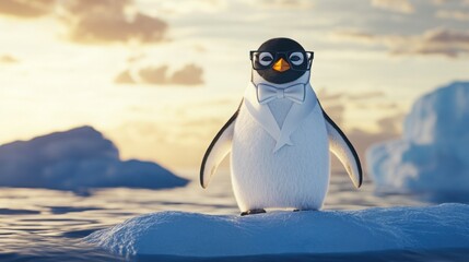 Cute penguin in tuxedo on an ice floe
