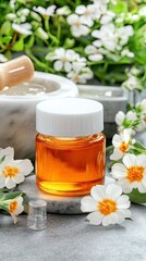 Natural skincare products displayed with flowers and tools in a serene setting for holistic beauty preparation