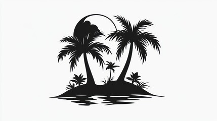 Silhouetted tropical island with palm trees, moon, and calm waters. Suitable for travel posters or logo design