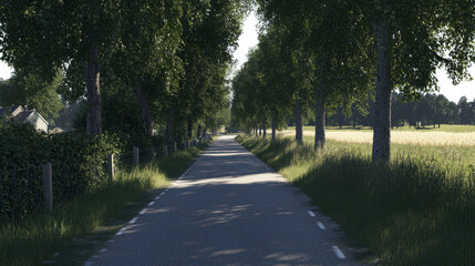 Obraz premium A peaceful country road winds through tall trees and green fields, embodying the tranquility of nature on a sunny summer day. The scenery invites a sense of calm and reflection