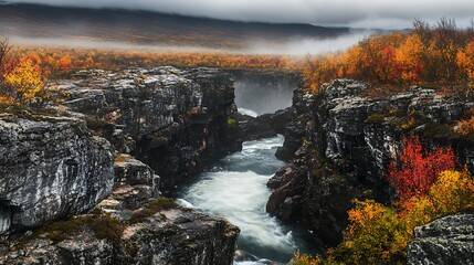 Autumnal river gorge with misty mountains
