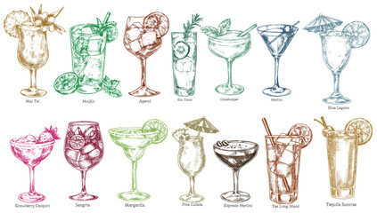 large set of alcoholic cocktails, bar. Vector illustration in sketch style