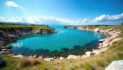 Fototapeta premium Irregular shaped lake with rocky shoreline and clear water, quiet, water, mountain