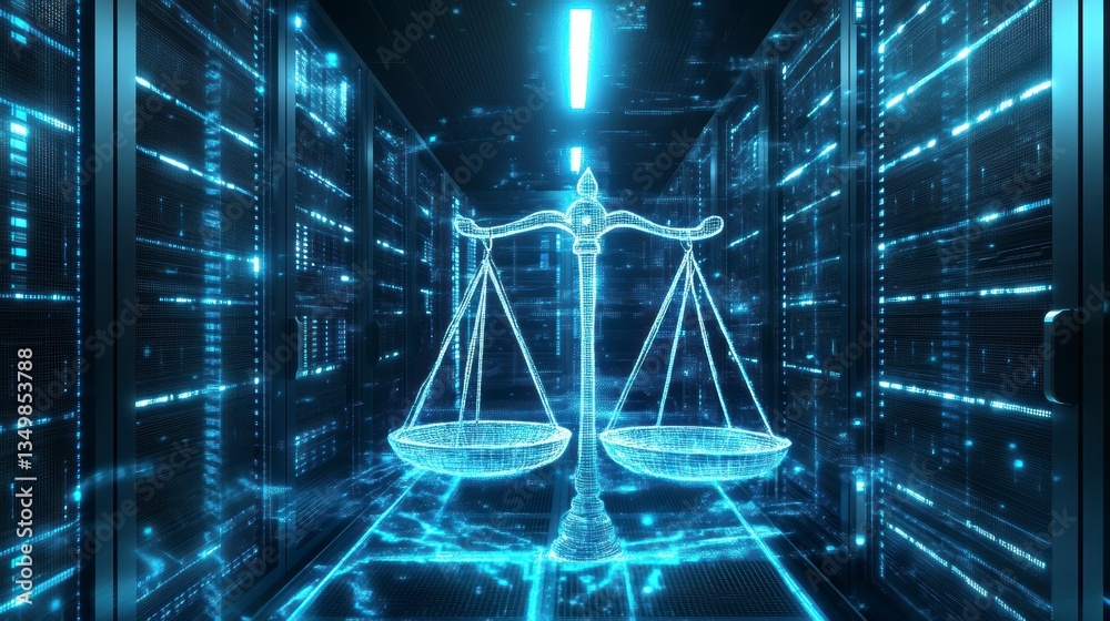 Poster digital scales of justice in a data center.