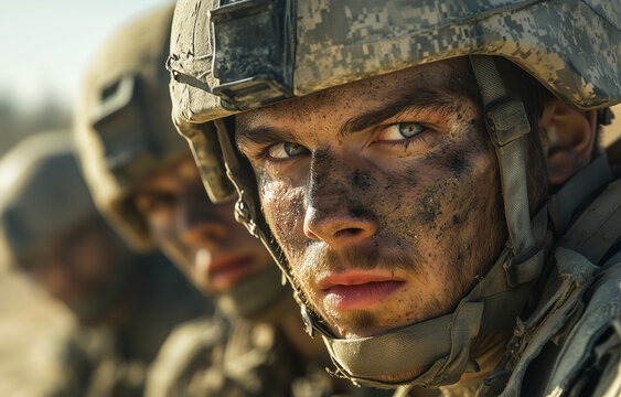 A close-up shot of U.S. soldiers in combat gear and helmets, with open visors showing their faces