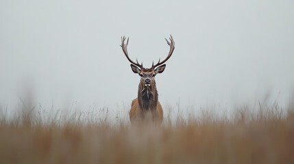 Obraz premium A strong stag with impressive antlers stands prominently in tall grass, shrouded in morning fog. The stillness of the scene enhances the stag's majestic presence against the soft hues of nature