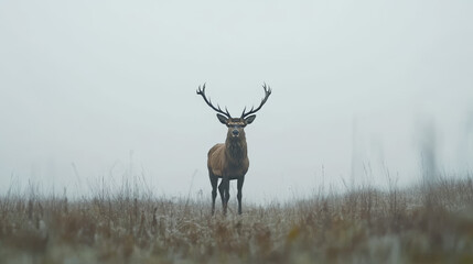 A lone stag with impressive antlers stands in a misty field at dawn, surrounded by tall grass and tranquility. The morning fog creates a peaceful and ethereal environment