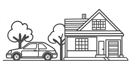 Simple Line Drawing Suburban Home and Car