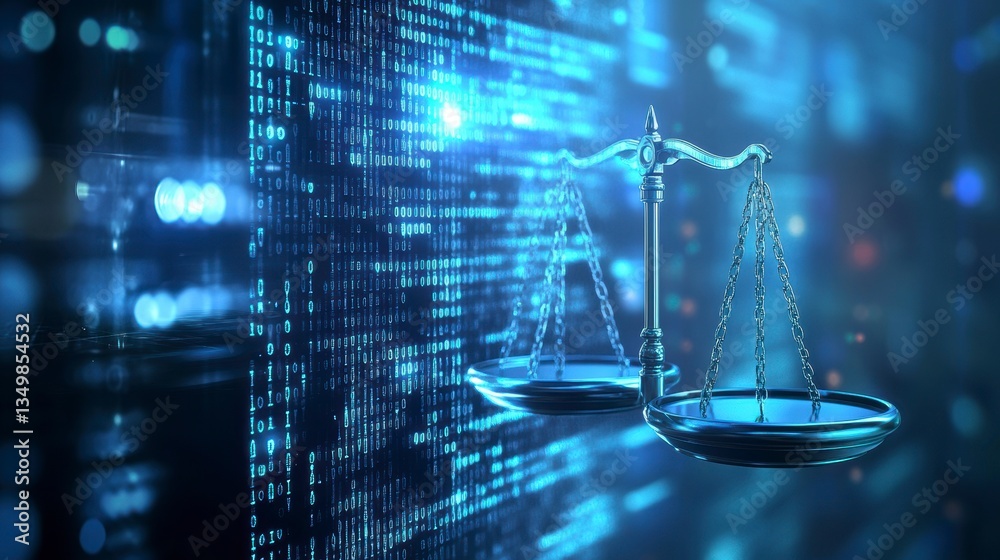 Poster Scales of justice against a backdrop of binary code, symbolizing cyber law and digital justice.