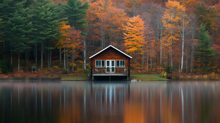 Fototapeta premium A wooden cabin sits on stilts by a clear lake, surrounded by trees adorned with vibrant autumn foliage. The still water creates a perfect reflection, enhancing the serene atmosphere of the location